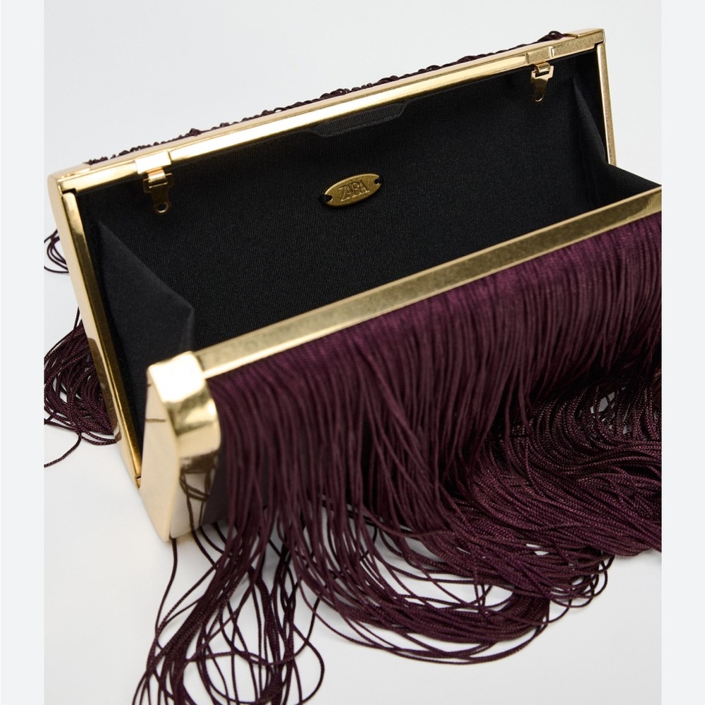 Zara NWT fringe clutch gold burgundy bag 6635/410 - Picture 3 of 8